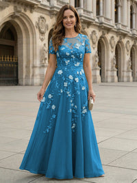 Chiffon A Line Boat Neck Floral Embroidery Mother of the Bride Dresses