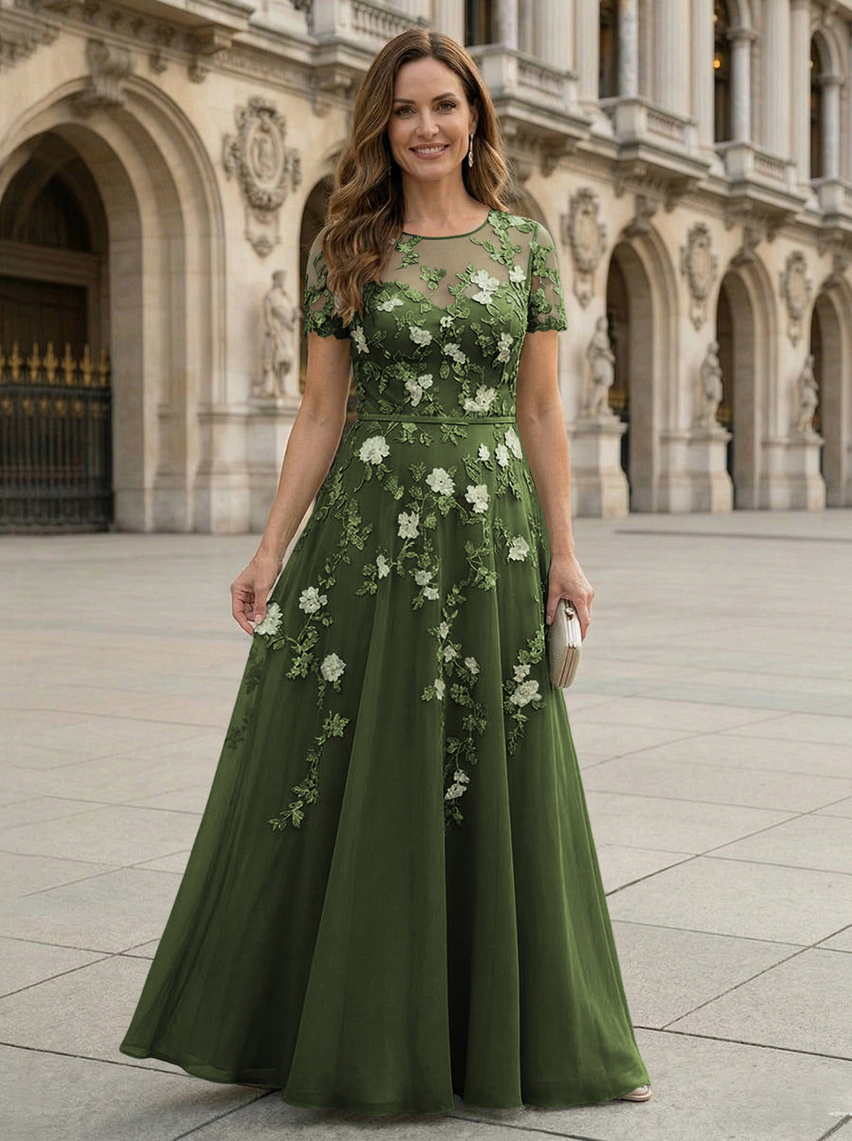 Chiffon A Line Boat Neck Floral Embroidery Mother of the Bride Dresses