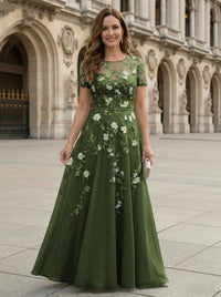 Chiffon A Line Boat Neck Floral Embroidery Mother of the Bride Dresses