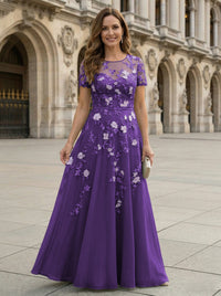 Chiffon A Line Boat Neck Floral Embroidery Mother of the Bride Dresses