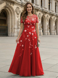 Chiffon A Line Boat Neck Floral Embroidery Mother of the Bride Dresses