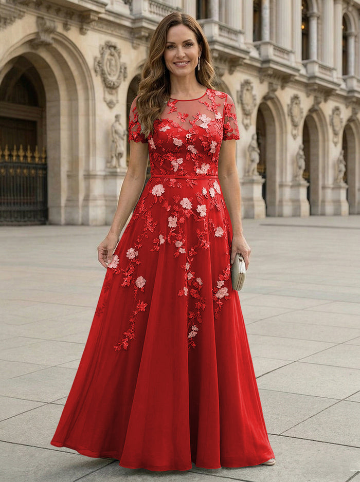 Chiffon A Line Boat Neck Floral Embroidery Mother of the Bride Dresses