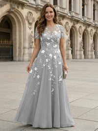 Chiffon A Line Boat Neck Floral Embroidery Mother of the Bride Dresses
