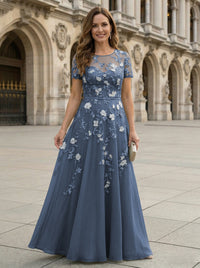 Chiffon A Line Boat Neck Floral Embroidery Mother of the Bride Dresses