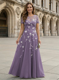 Chiffon A Line Boat Neck Floral Embroidery Mother of the Bride Dresses