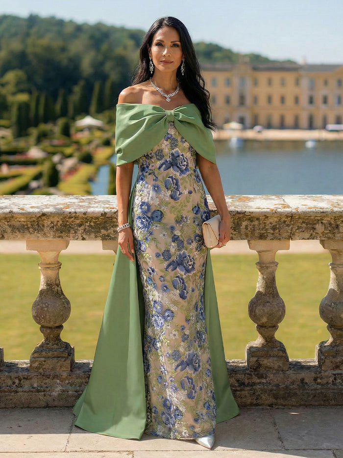 Off the Shoulder Floral Mother of the Bride Dresses with Bow