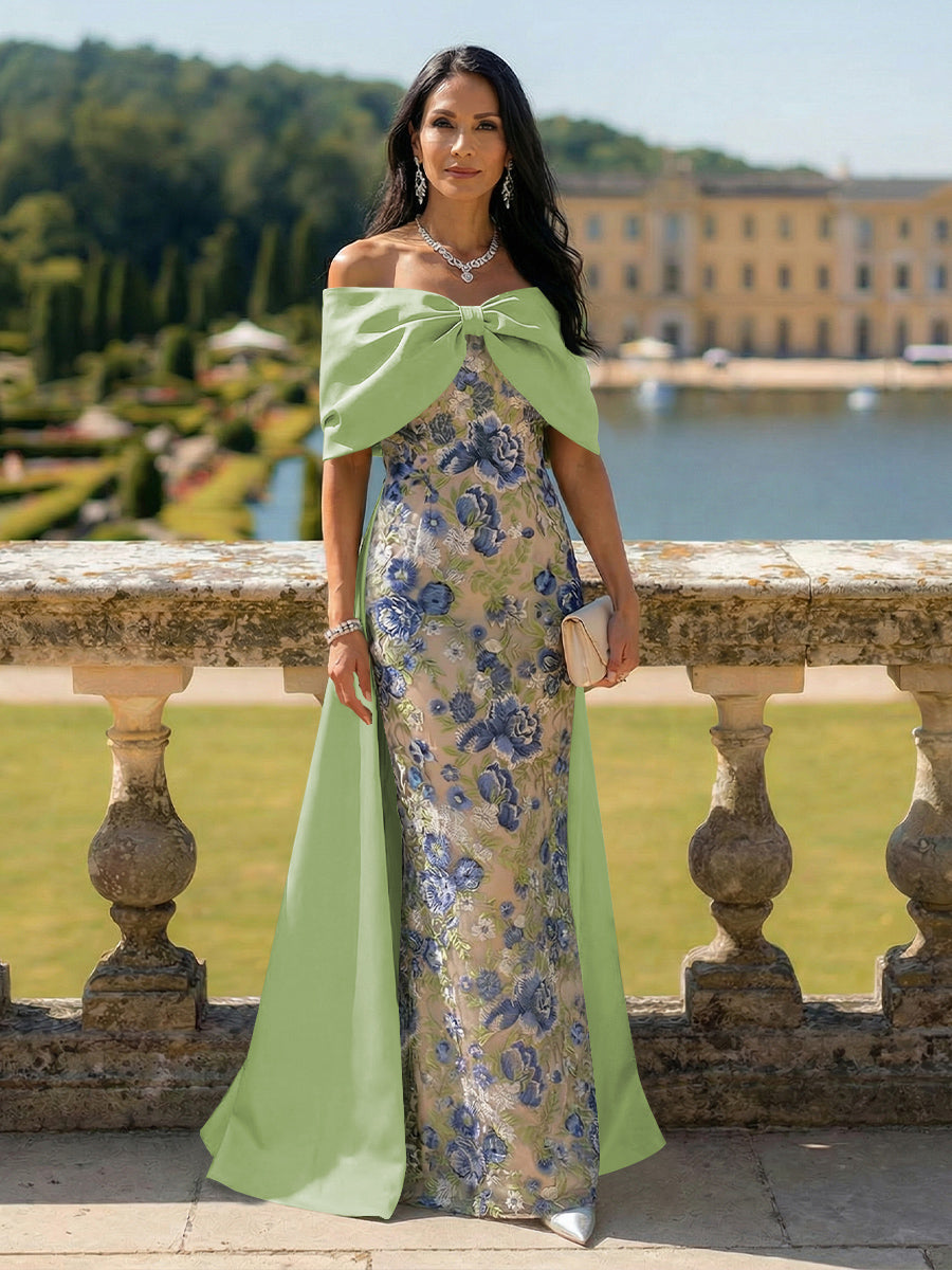 Off the Shoulder Floral Mother of the Bride Dresses with Bow