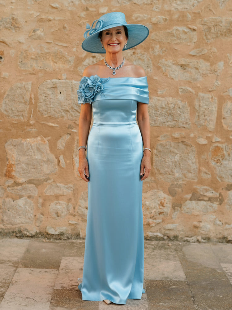 Off the Shoulder Satin Mother of the Bride Dresses with 3D Flowers