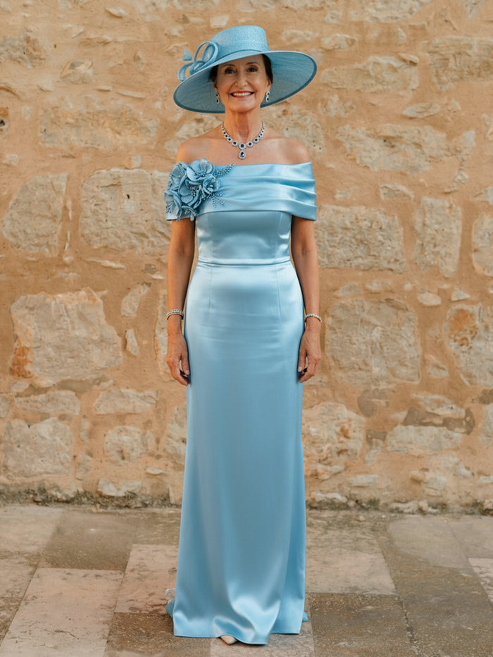Off the Shoulder Satin Mother of the Bride Dresses with 3D Flowers