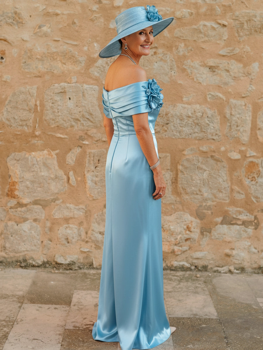 Off the Shoulder Satin Mother of the Bride Dresses with 3D Flowers