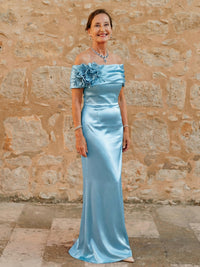 Off the Shoulder Satin Mother of the Bride Dresses with 3D Flowers
