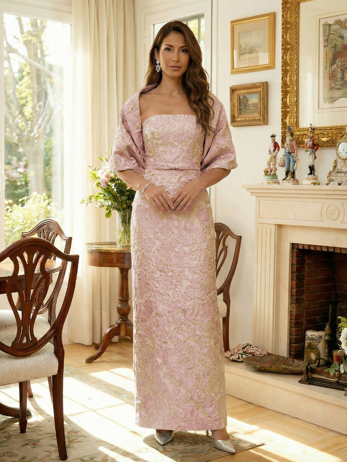 Strapless Jacquard 2 Pieces Mother of the Bride Dresses with Wrap Shawl