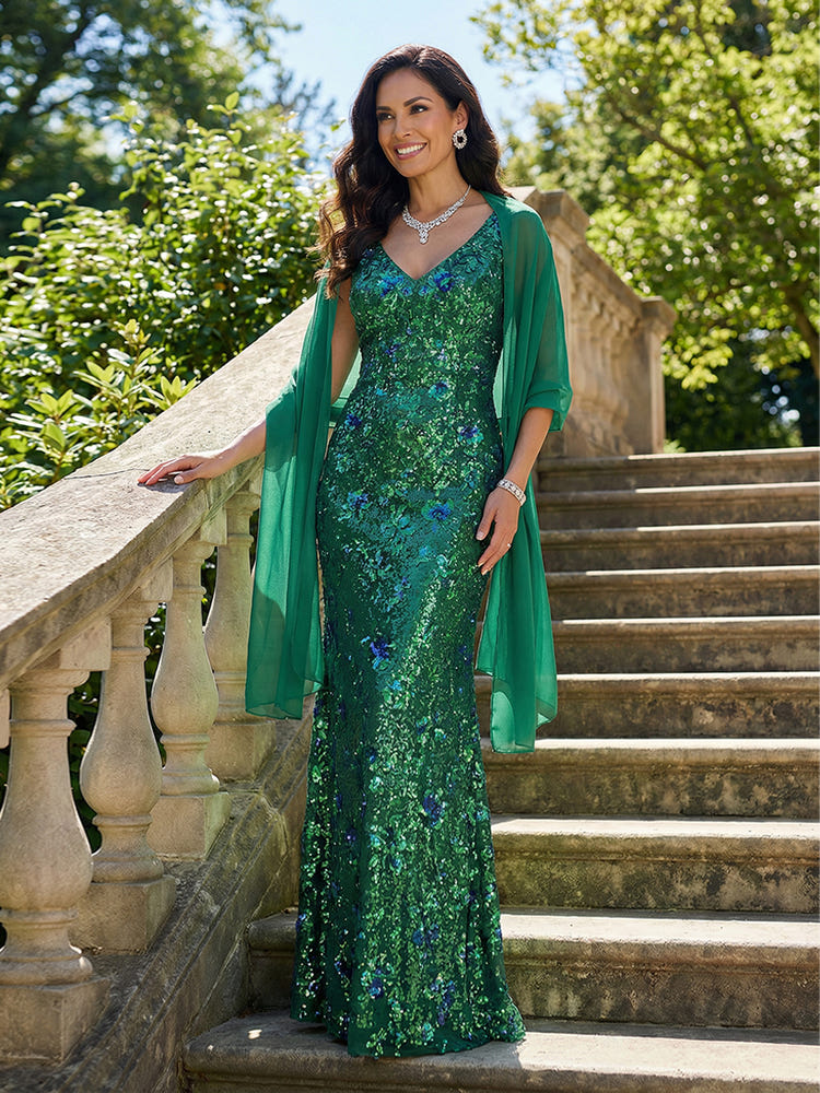 Jacquard Mother of the Bride Dresses with 3D Flowers with Sleeves Sequin Green V-Neck Mermaid Long Grandmother of the Bride Dresses
