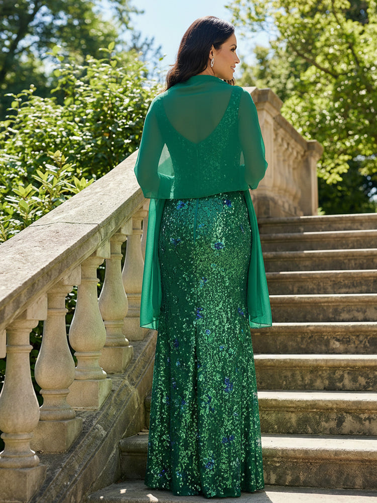 Sequin 2 Pieces Mother of the Bride Dresses with 3D Flowers and Wraps