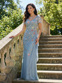 V Neck Glitter Tulle Mother of the Bride Dresses with 3D Flowers