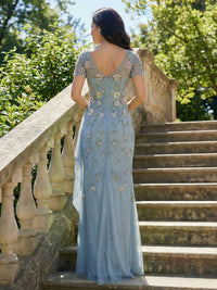 V Neck Glitter Tulle Mother of the Bride Dresses with 3D Flowers