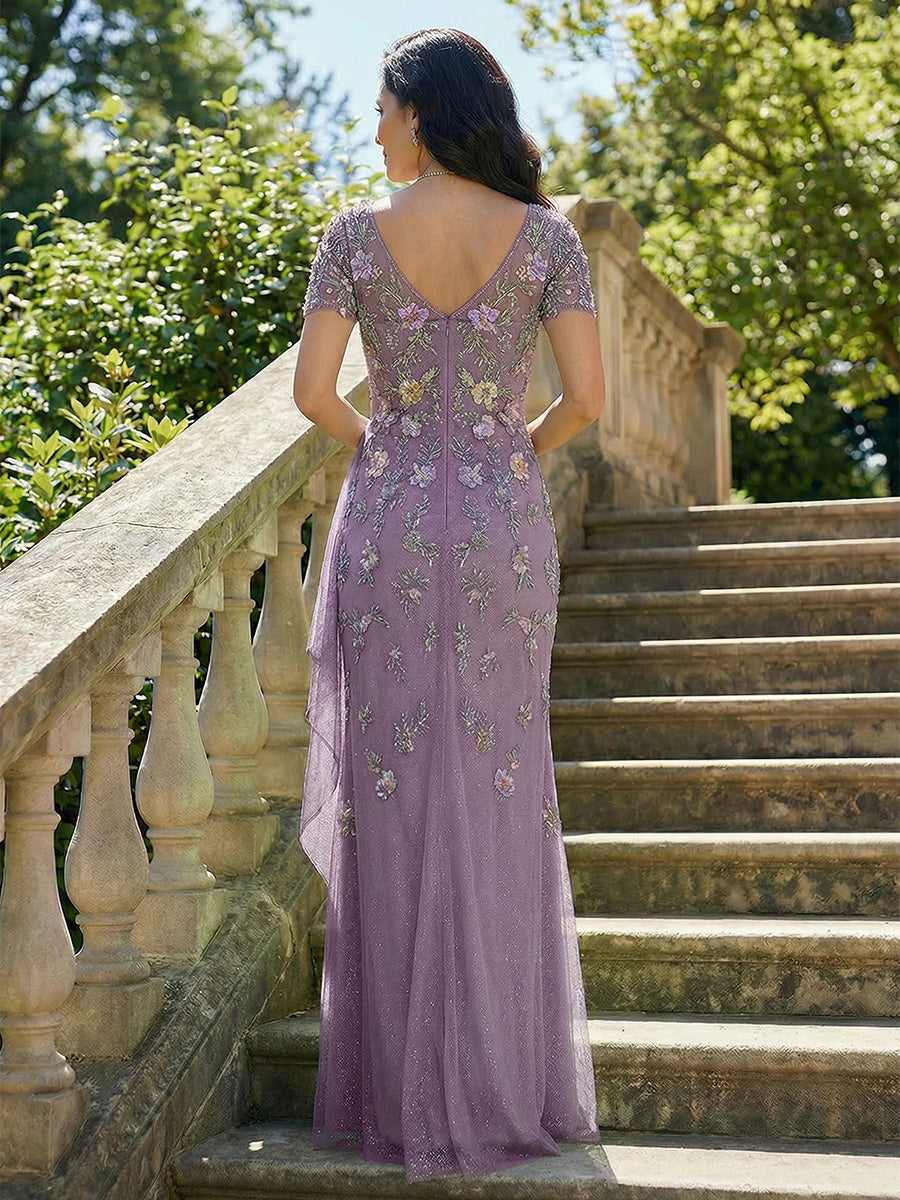 V Neck Glitter Tulle Mother of the Bride Dresses with 3D Flowers