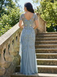 V Neck Glitter Tulle Mother of the Bride Dresses with 3D Flowers