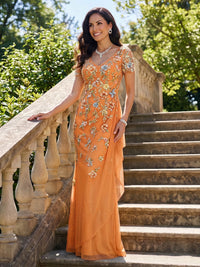 V Neck Glitter Tulle Mother of the Bride Dresses with 3D Flowers