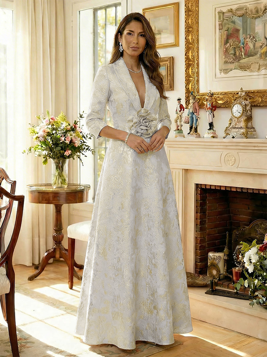 V Neck Jacquard Mother of the Bride Dresses with Flowers