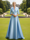 V Neck Satin Mother of the Bride Dresses with Long Sleeves