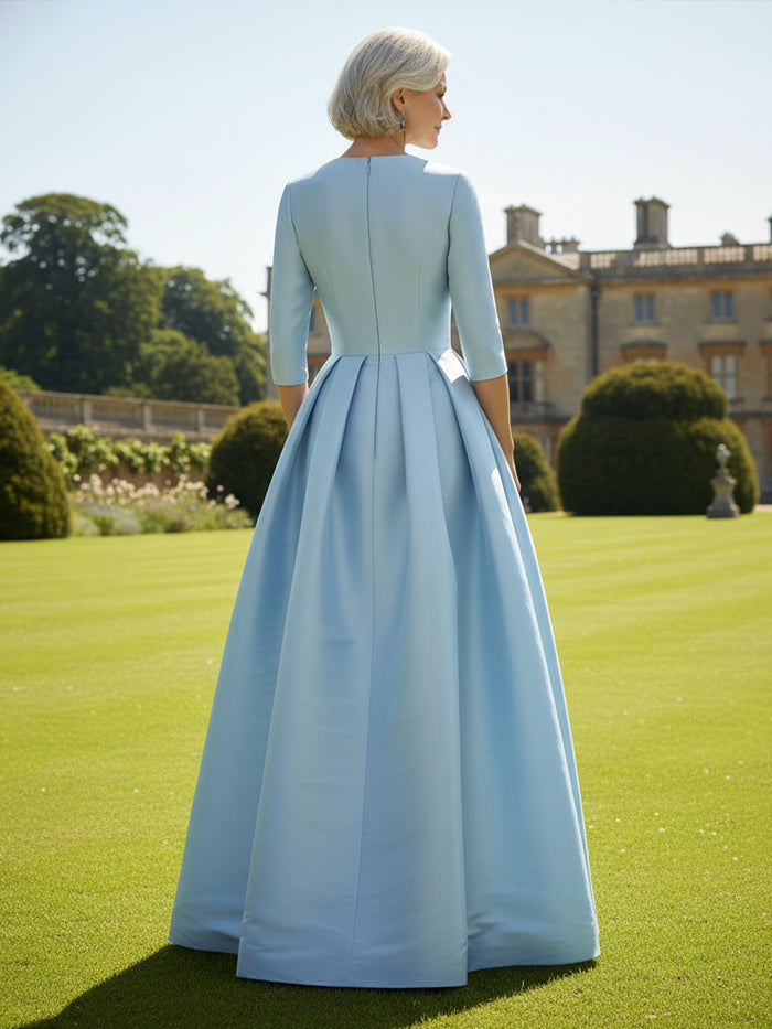 V Neck Satin Mother of the Bride Dresses with Long Sleeves