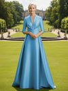 V Neck Satin Mother of the Bride Dresses with Long Sleeves