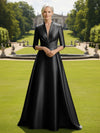 V Neck Satin Mother of the Bride Dresses with Long Sleeves