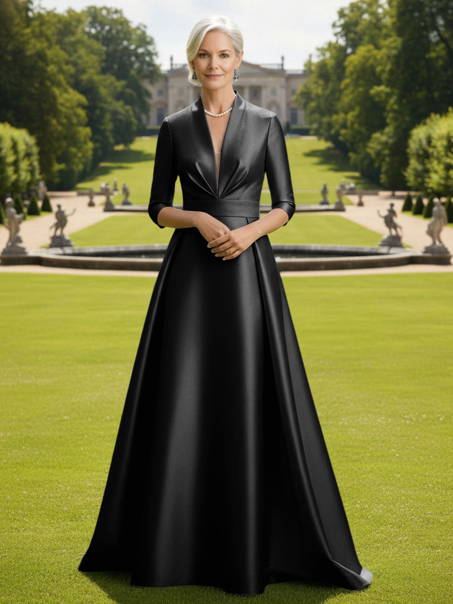 V Neck Satin Mother of the Bride Dresses with Long Sleeves