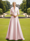 V Neck Satin Mother of the Bride Dresses with Long Sleeves
