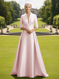 V Neck Satin Mother of the Bride Dresses with Long Sleeves