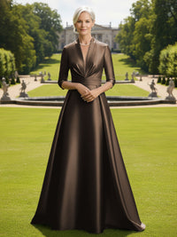V Neck Satin Mother of the Bride Dresses with Long Sleeves