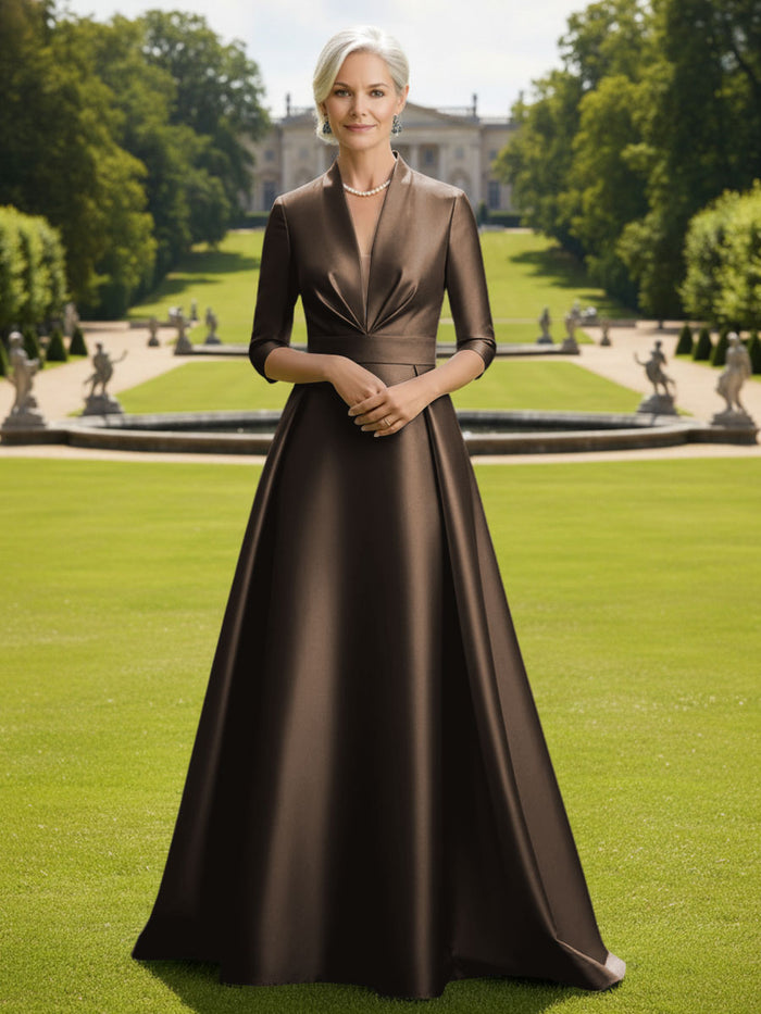 V Neck Satin Mother of the Bride Dresses with Long Sleeves