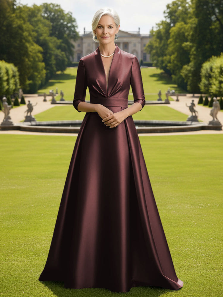 V Neck Satin Mother of the Bride Dresses with Long Sleeves