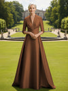 V Neck Satin Mother of the Bride Dresses with Long Sleeves