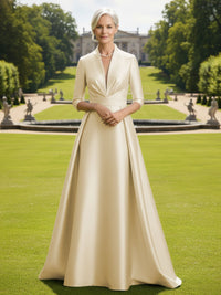 V Neck Satin Mother of the Bride Dresses with Long Sleeves