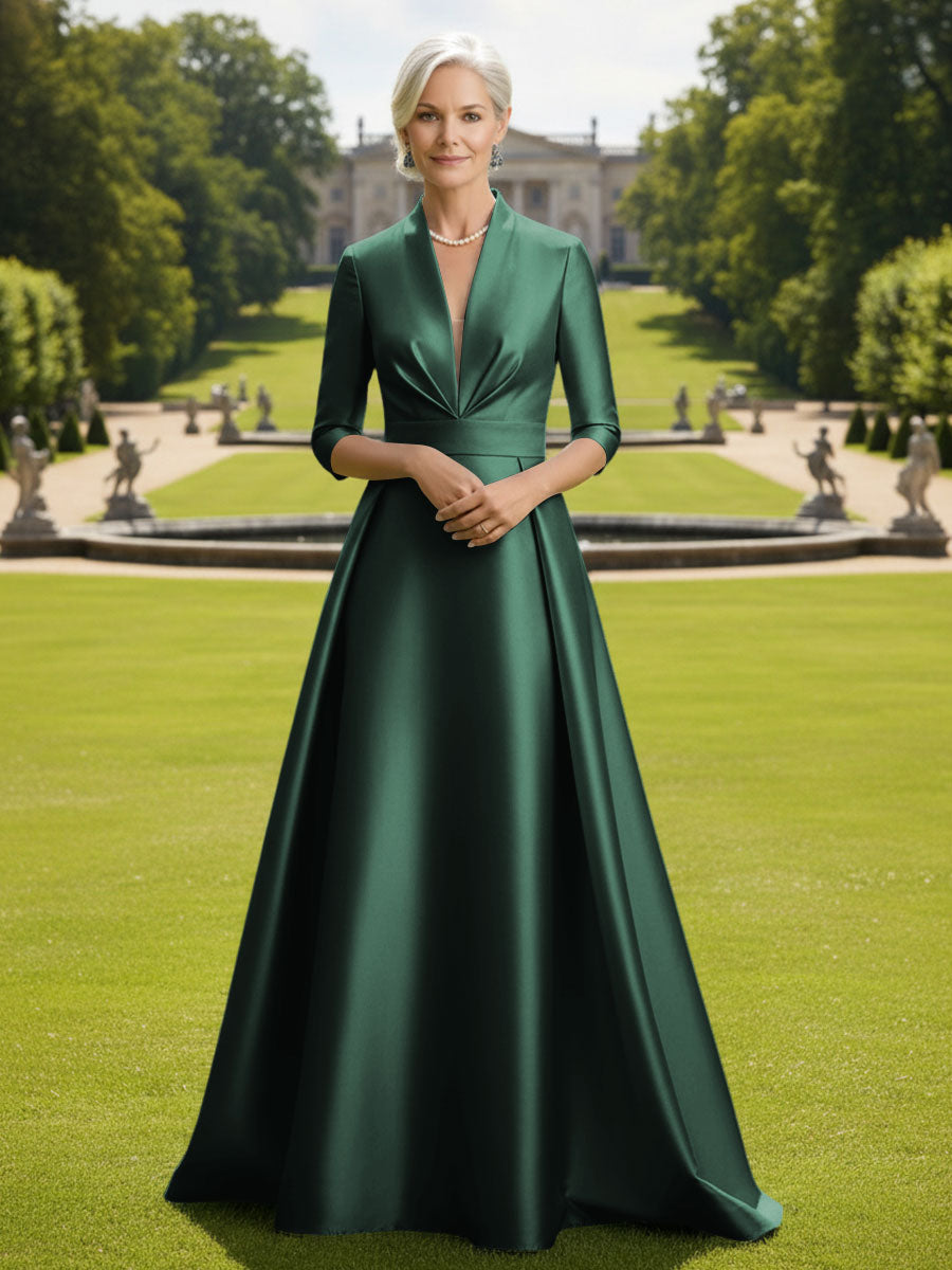 V Neck Satin Mother of the Bride Dresses with Long Sleeves