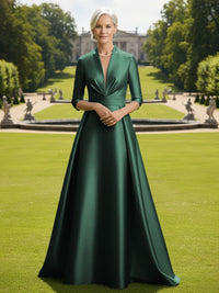 V Neck Satin Mother of the Bride Dresses with Long Sleeves