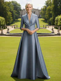 V Neck Satin Mother of the Bride Dresses with Long Sleeves