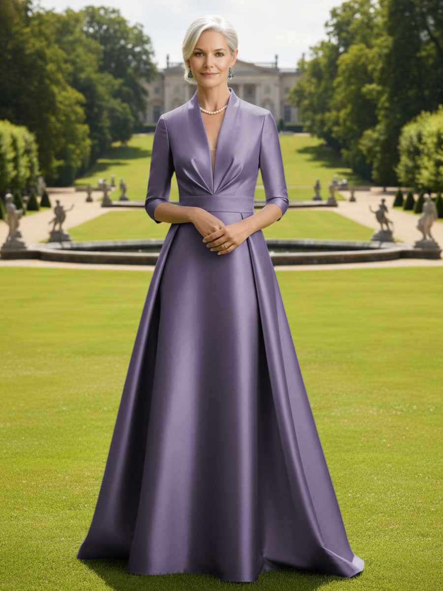 V Neck Satin Mother of the Bride Dresses with Long Sleeves