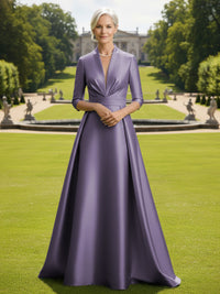 V Neck Satin Mother of the Bride Dresses with Long Sleeves