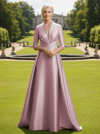 V Neck Satin Mother of the Bride Dresses with Long Sleeves