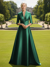 V Neck Satin Mother of the Bride Dresses with Long Sleeves