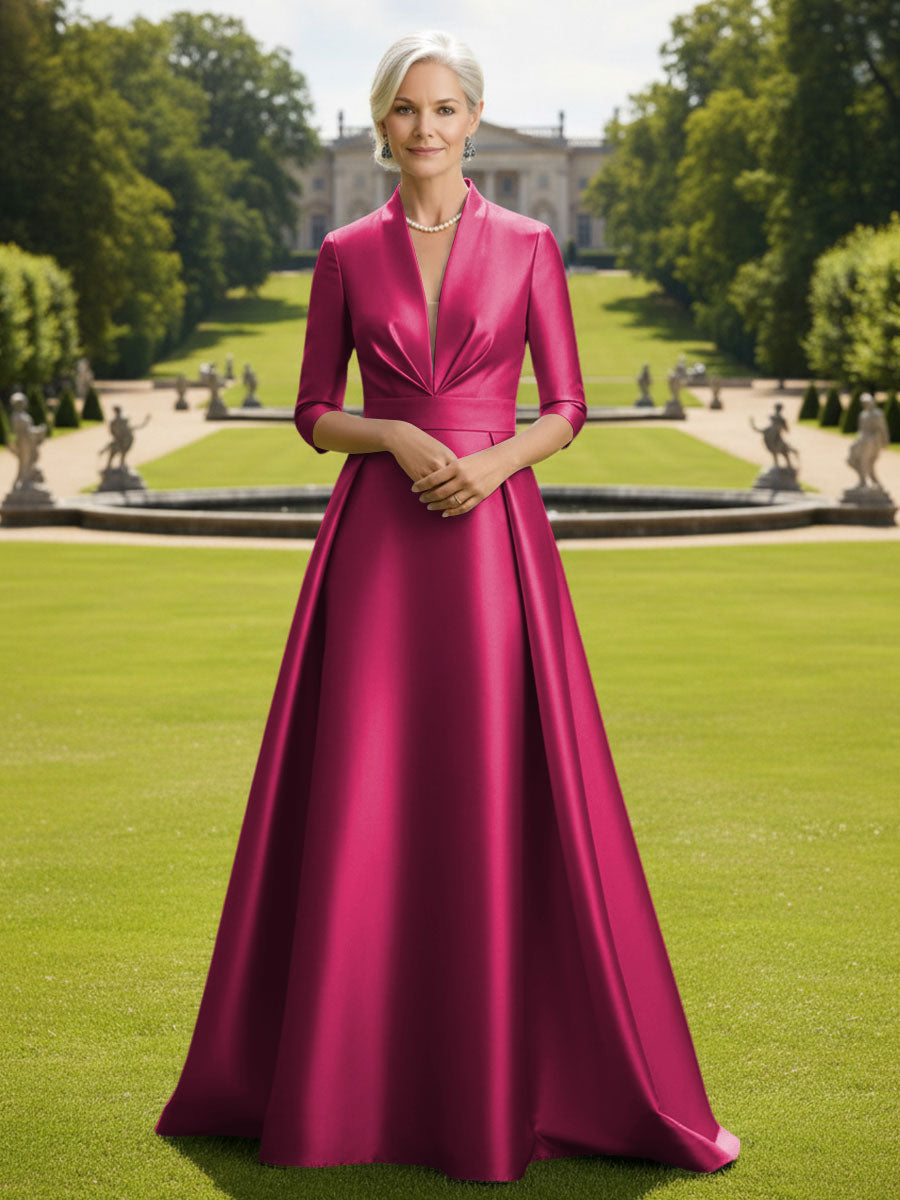 V Neck Satin Mother of the Bride Dresses with Long Sleeves