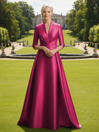 V Neck Satin Mother of the Bride Dresses with Long Sleeves