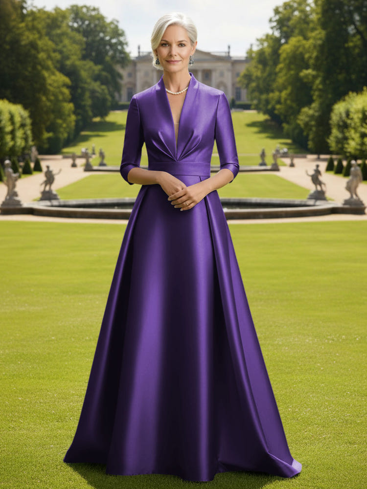 V Neck Satin Mother of the Bride Dresses with Long Sleeves