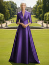 V Neck Satin Mother of the Bride Dresses with Long Sleeves