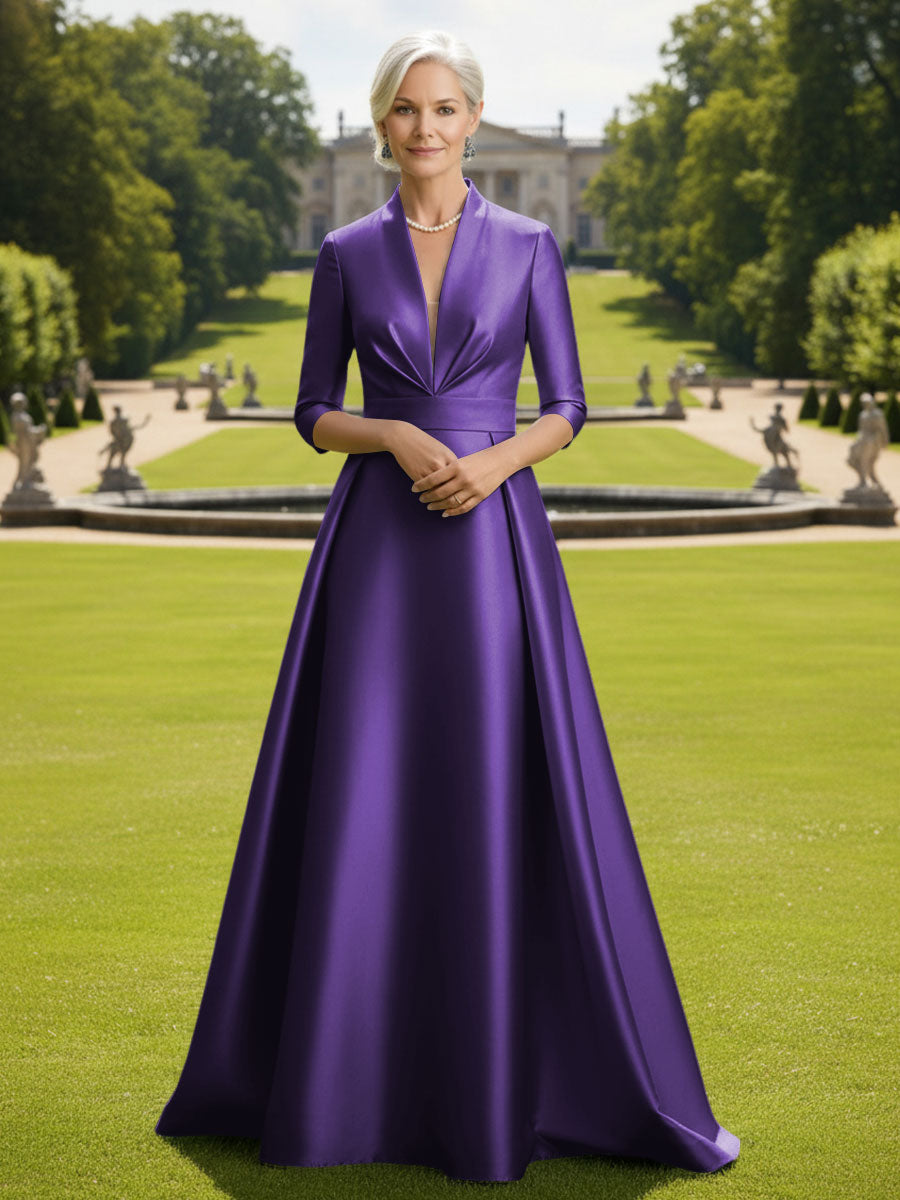 V Neck Satin Mother of the Bride Dresses with Long Sleeves