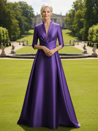 V Neck Satin Mother of the Bride Dresses with Long Sleeves