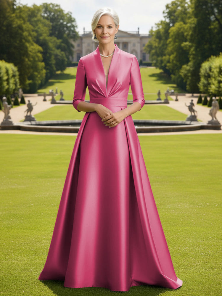 V Neck Satin Mother of the Bride Dresses with Long Sleeves